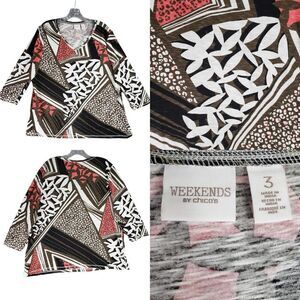 Weekend By Chicos Shirt Womens Size 3 US XL Geometric Black Stretch Pullover